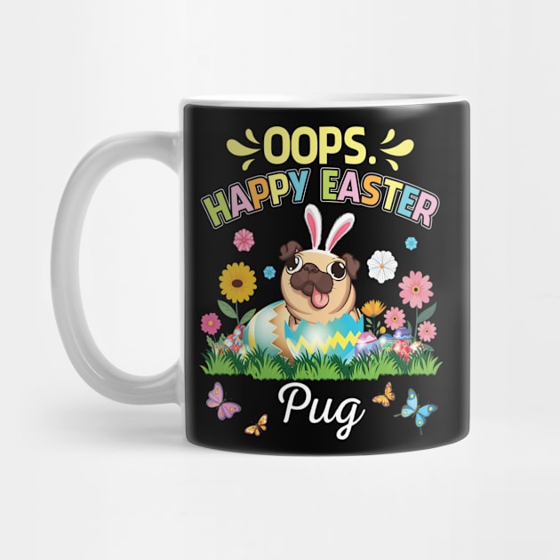 Pug Dog Bunny Costume Playing Flower Eggs Happy Easter Day by DainaMotteut